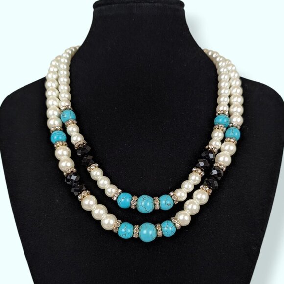V. 2-Strand Faux Pearl & Turquoise Beaded Necklace - Picture 1 of 5
